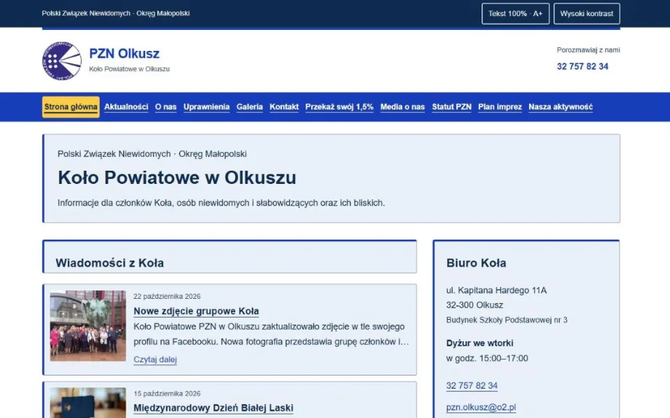 Zrzut ekranu strony PZN Koło Powiatowe w Olkuszu