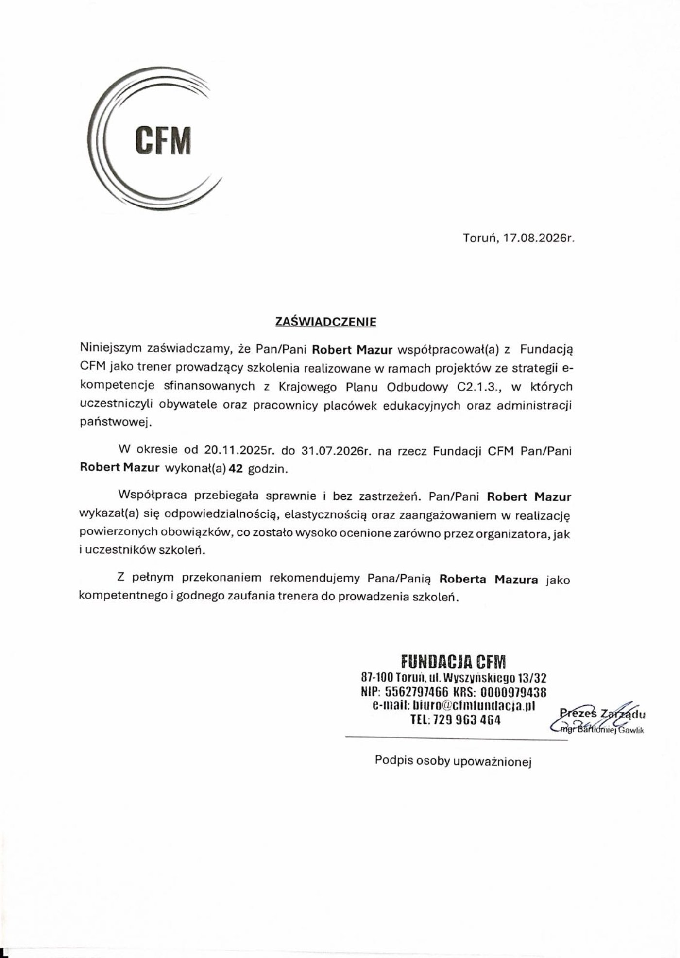 Zaświadczenie — Fundacja CFM (szkolenia e-kompetencje, KPO)
